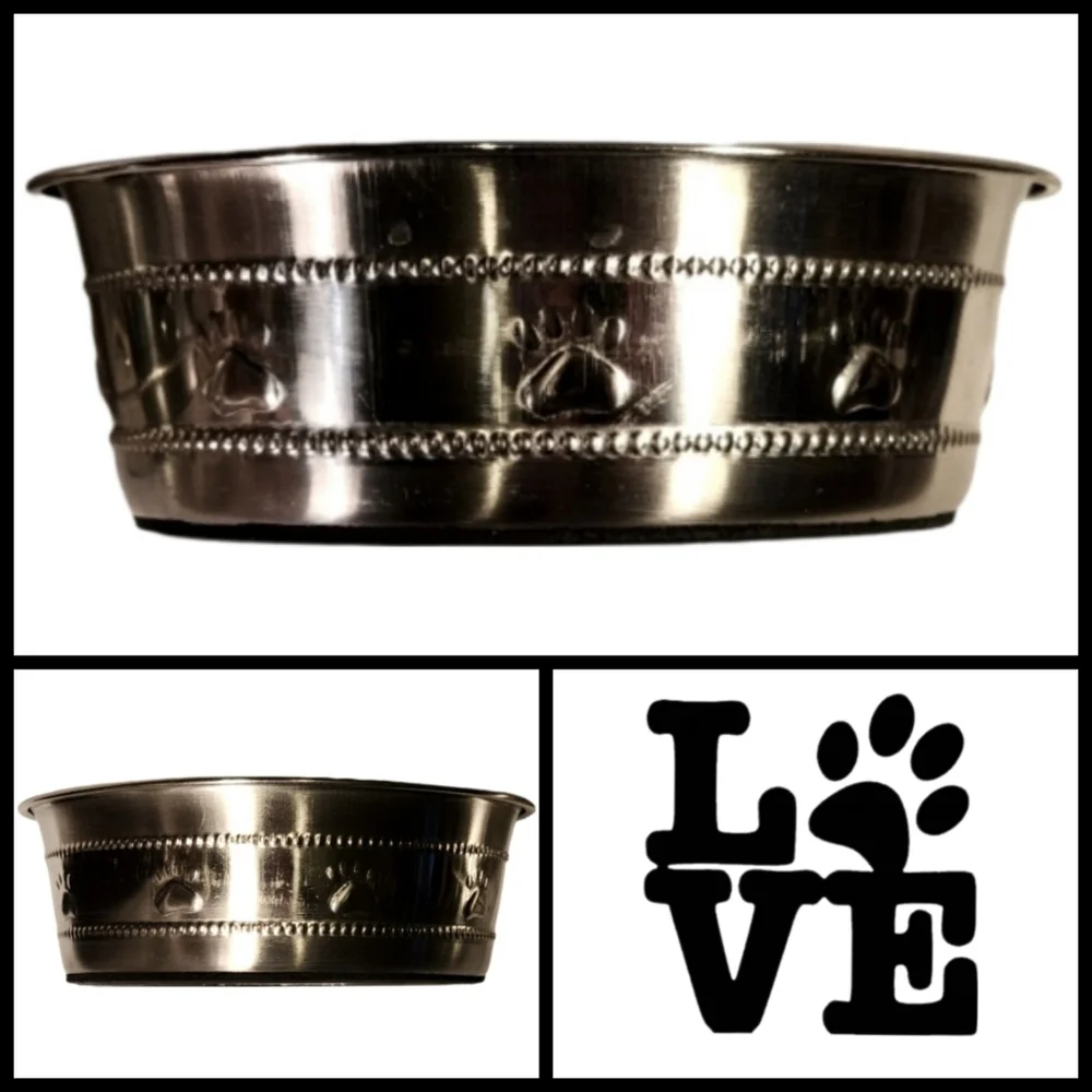 Stainless Steel Pawprint Bowls with Rubber Base (Set of 2)
